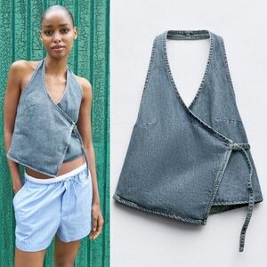 ZARA // lightweight denim surplice v-neck low back halter style top